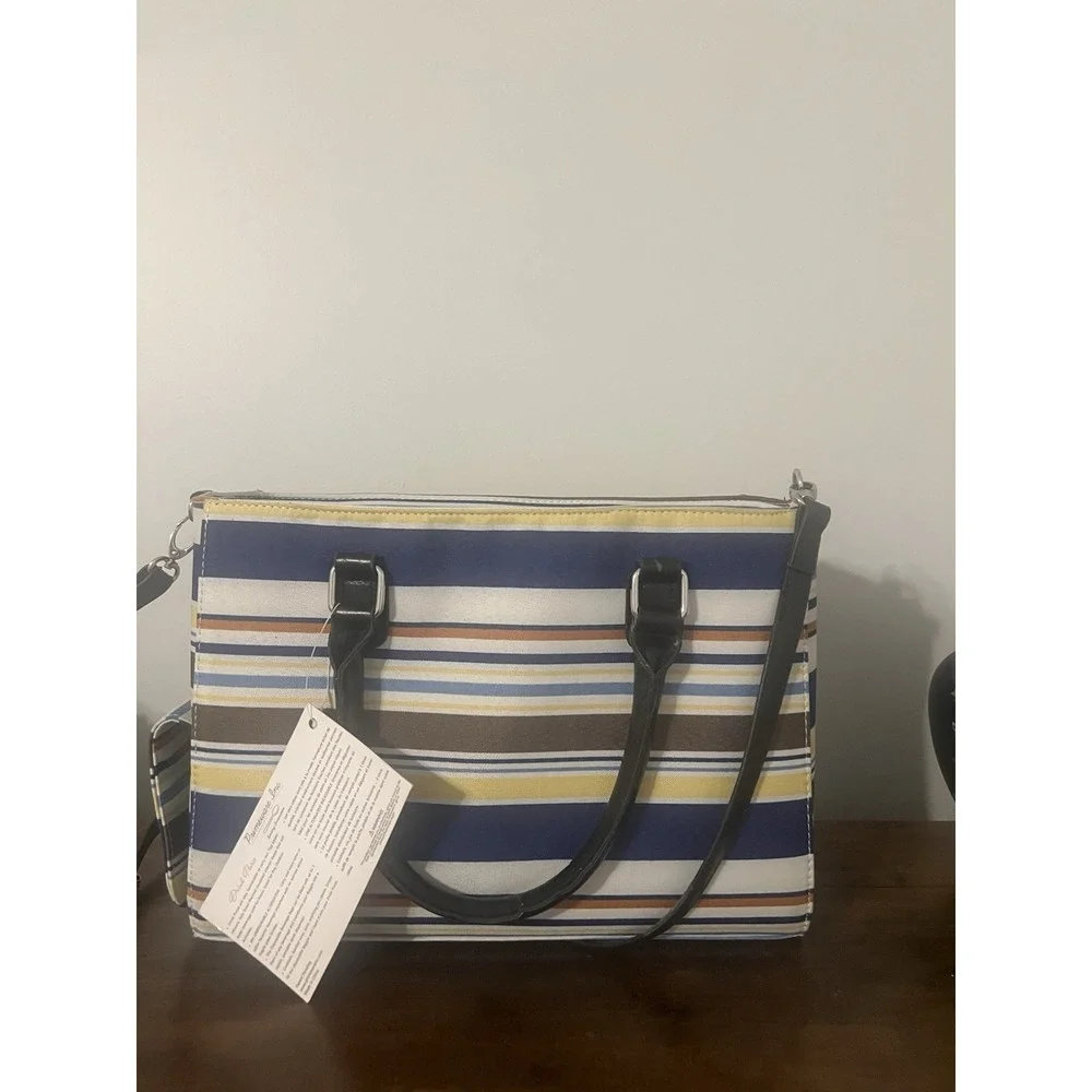 Primeware Insulated Wine Purse Tote Striped‎ Navy Yellow Bottle Carrier Bag NWT